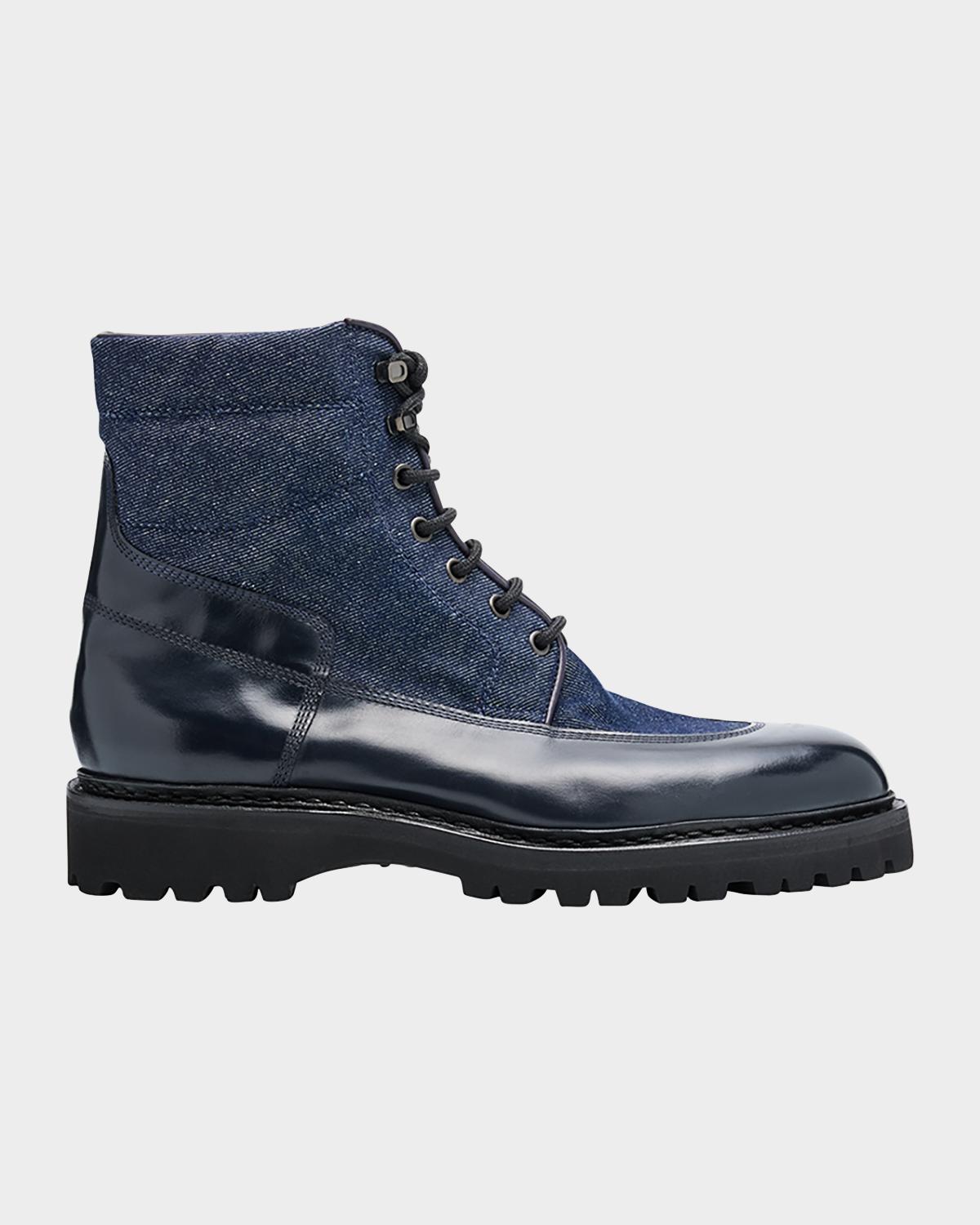 John Lobb Men's Peak Denim and Leather Lace-Up Boots