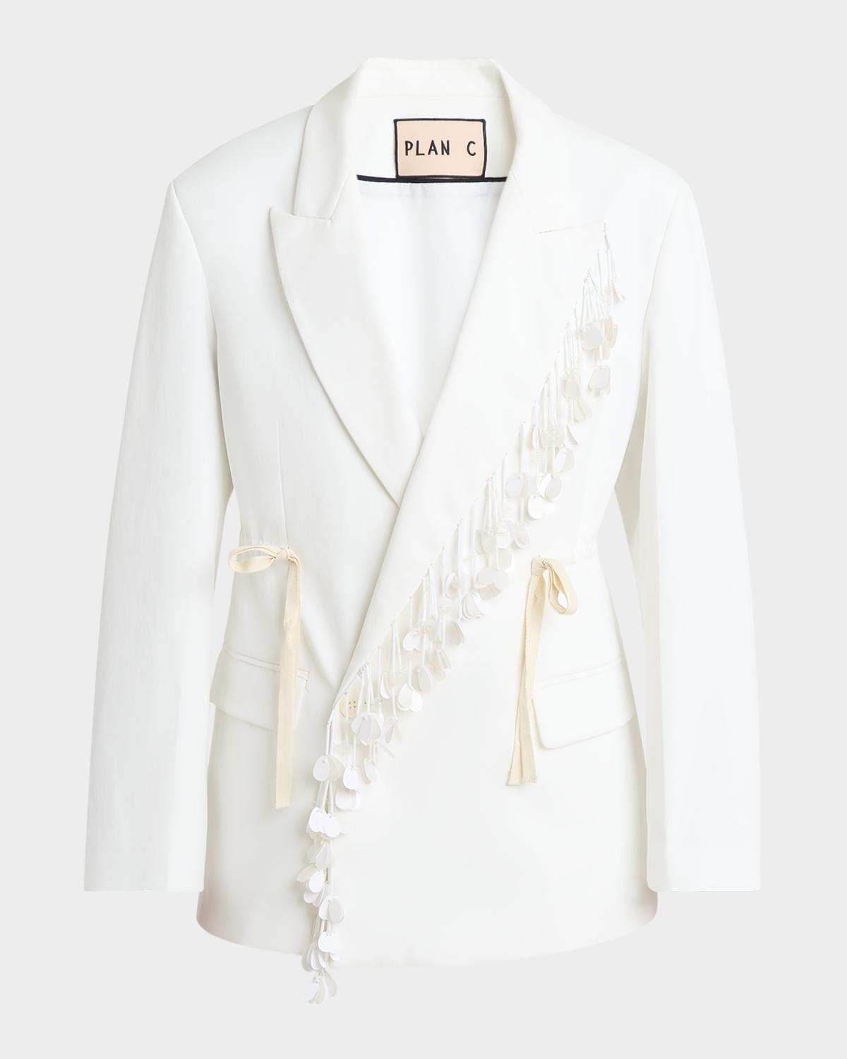 Plan C Sequin-Fringe Drawstring Double-Breasted Blazer Jacket