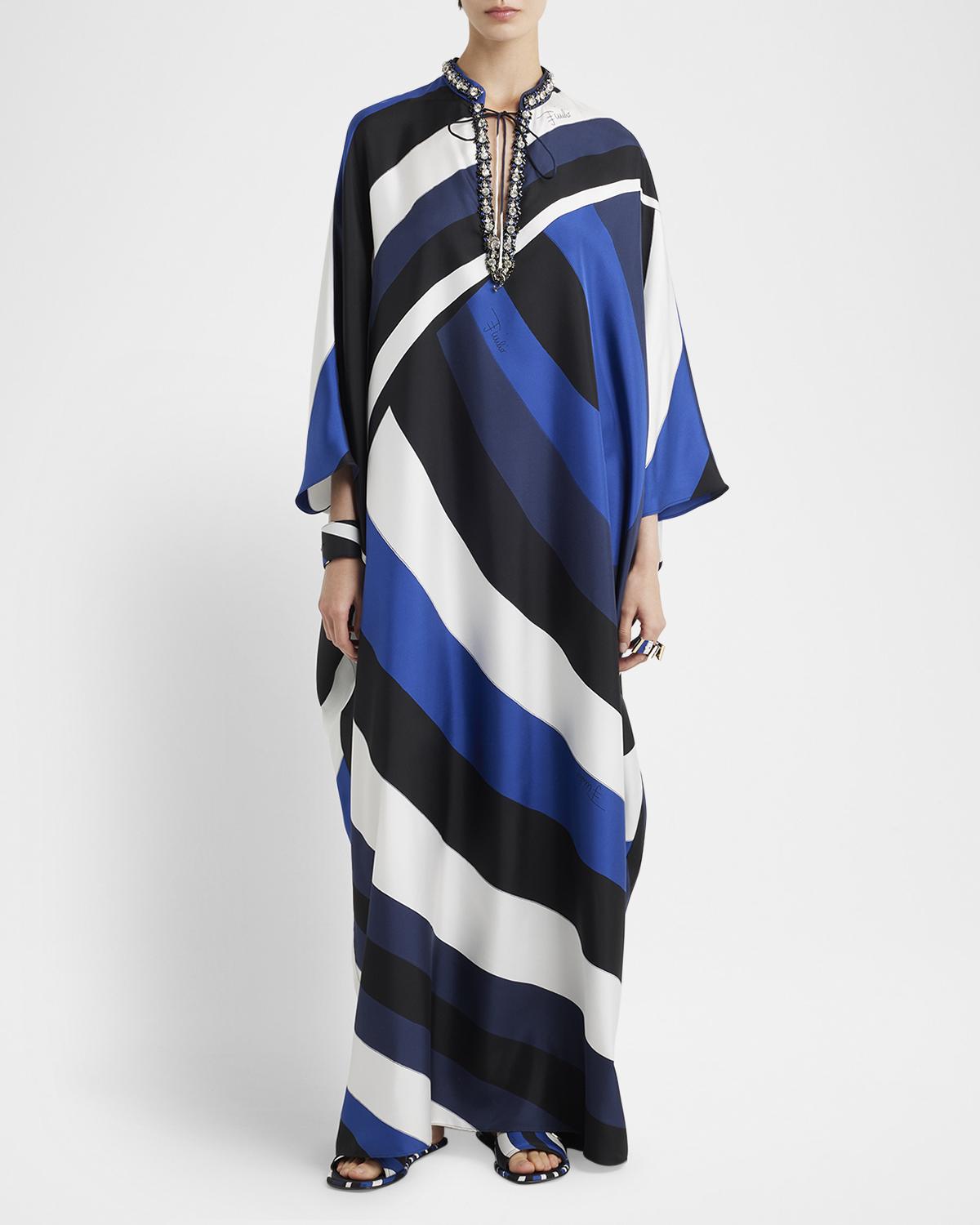 Pucci Iride-Print Crystal Neck-Tie Silk Twill Maxi Kaftan Dress