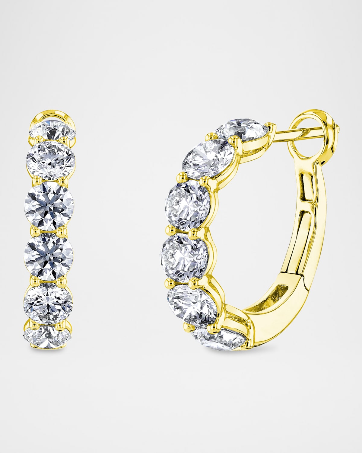 Neiman Marcus Diamonds 18K Gold Round Diamond Halfway Huggie Hoop Earrings, 4.80tcw/0.75"L