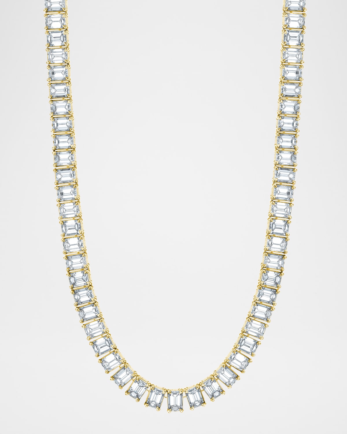Neiman Marcus Diamonds 18K Gold North-South Emerald-Cut Prong-Set Diamond Tennis Necklace, 16"L, 42.80tcw