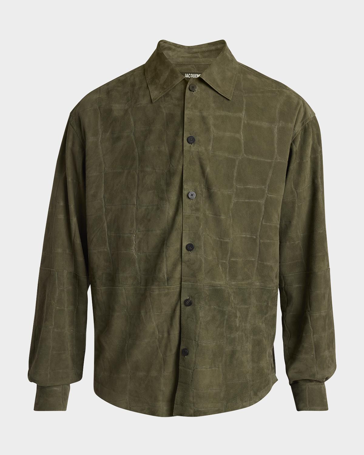 Jacquemus Men's Croc-Embossed Leather Sport Shirt