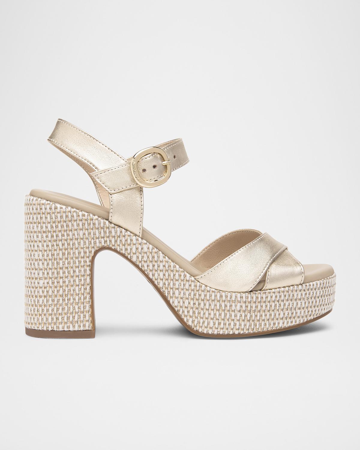 NeroGiardini Metallic Leather Criss-Cross Strap Woven Platform Sandals