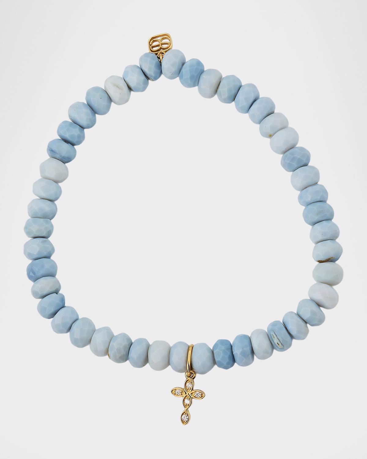 Small Marquise Eye Cross Charm Blue African Opal Bead Bracelet