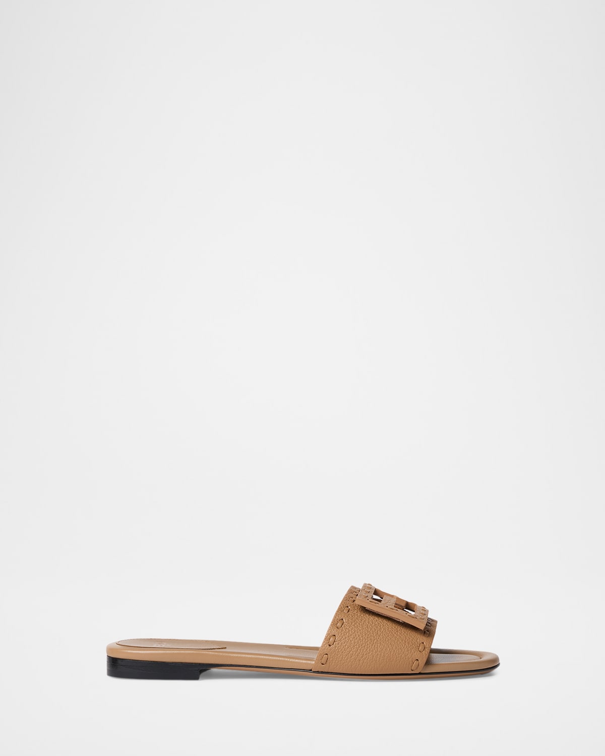 Fendi Baguette Ff Leather Buckle Flat Slide Sandals In Brown