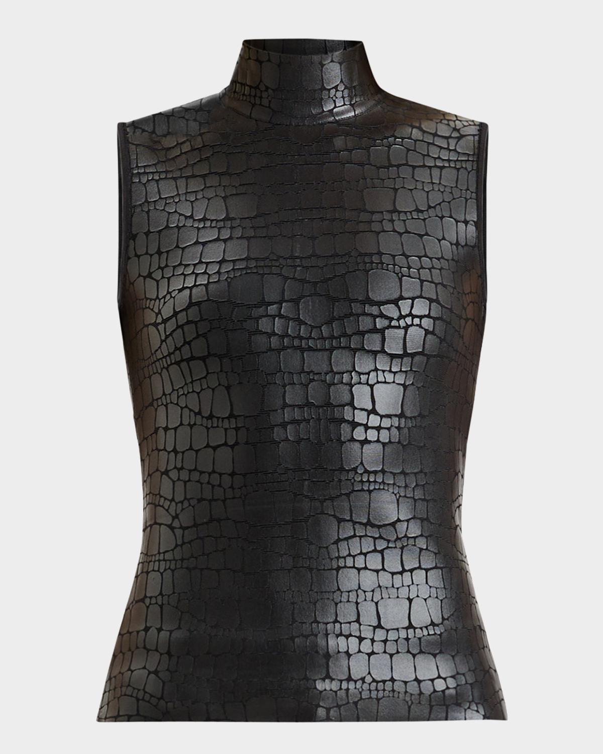 Hervé Léger Clarice Mock-Neck Croc-Embossed Sleeveless Top