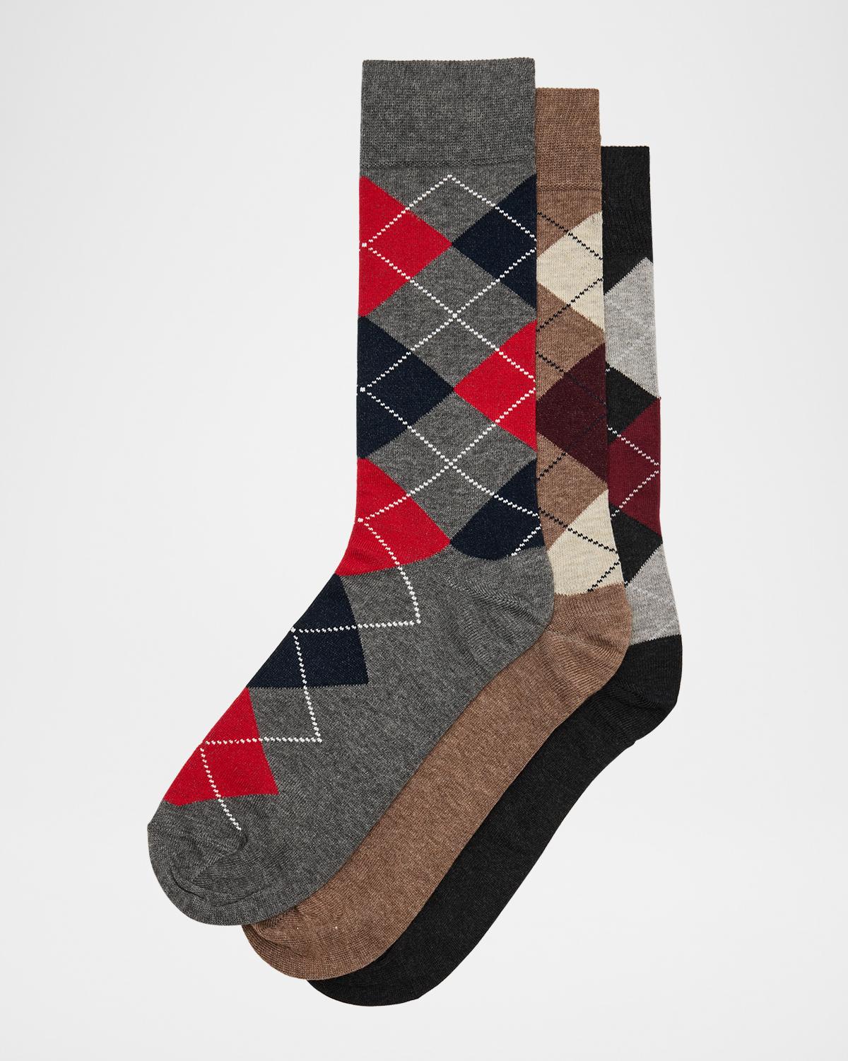 Neiman Marcus Men's Warm-Tone Argyle 3-Pack Crew Socks