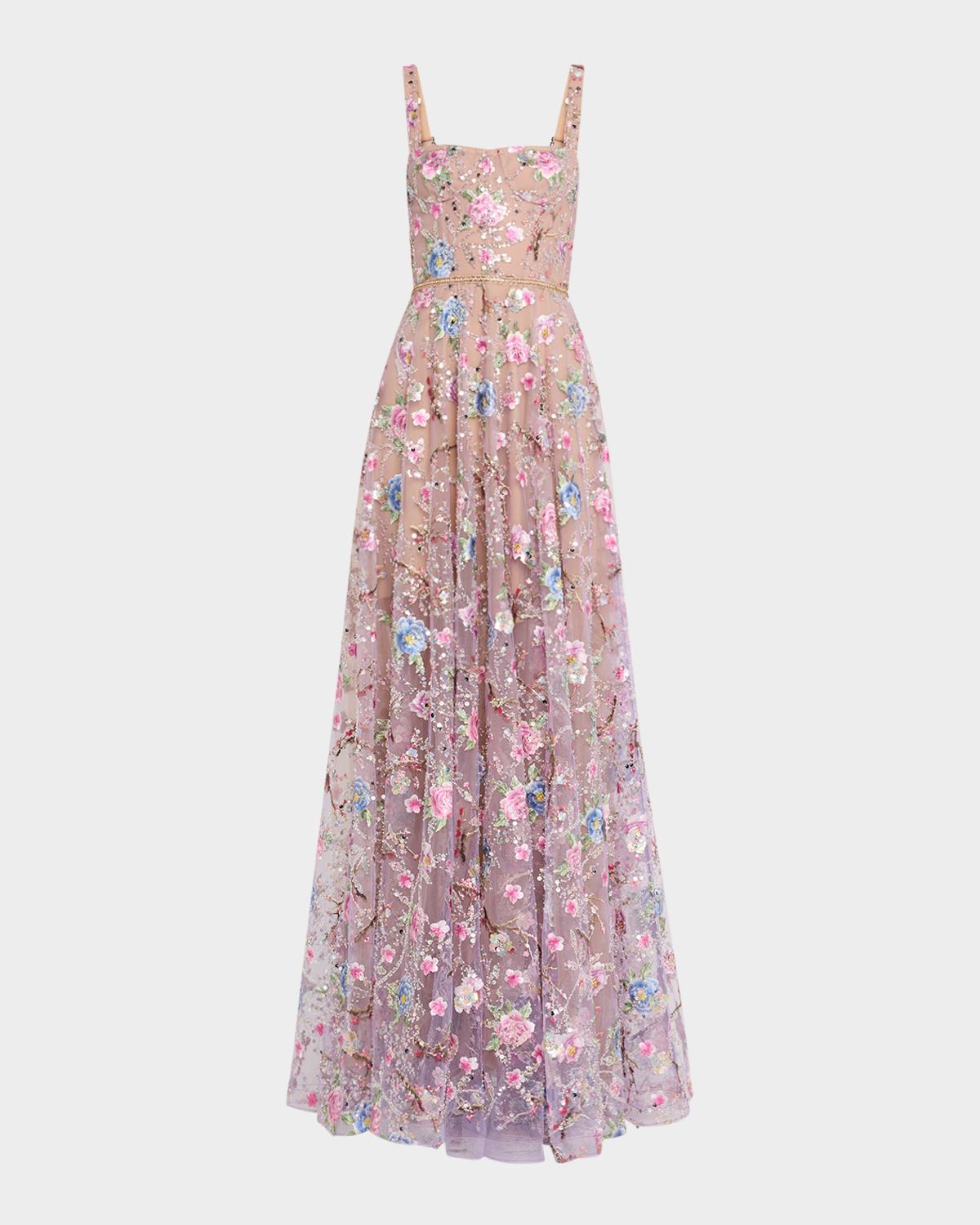 Bronx Banco Midnight Floral-Embroidered Bead & Sequin Gown