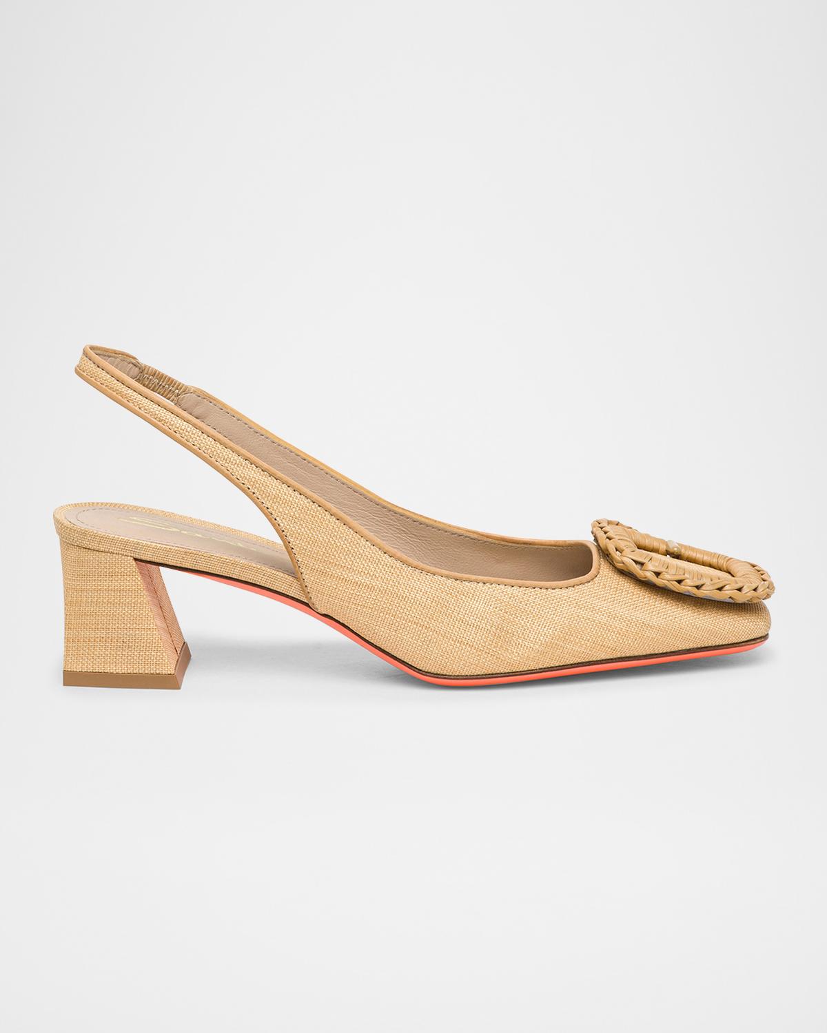 Santoni Lemon Raffia Buckle Slingback Pumps