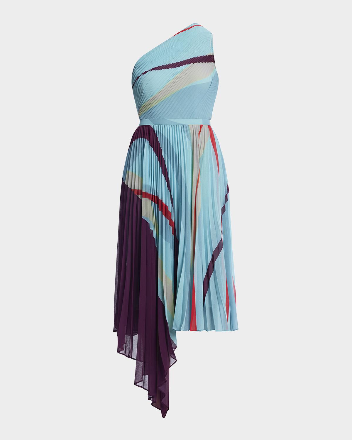 BCBGMAXAZRIA One-Shoulder Abstract-Print Pleated Midi Dress