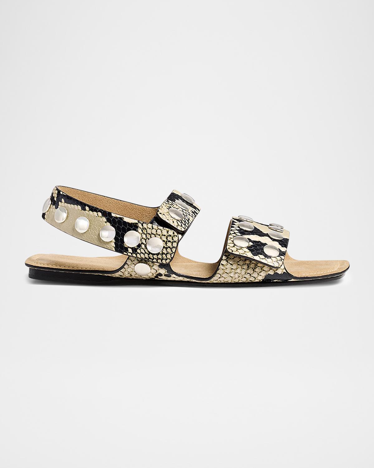Khaite Boden Studded Snake-Printed Leather Flat Sandals