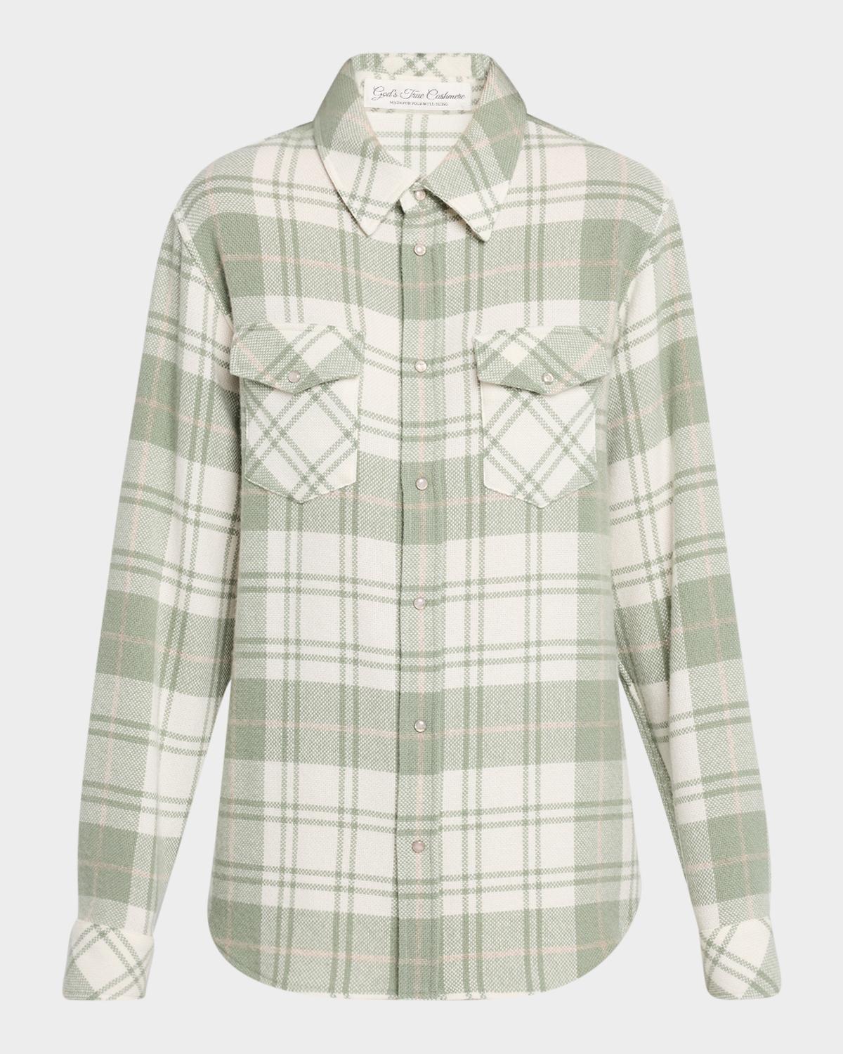 God's True Cashmere Sage Tartan Cashmere Flannel Shirt