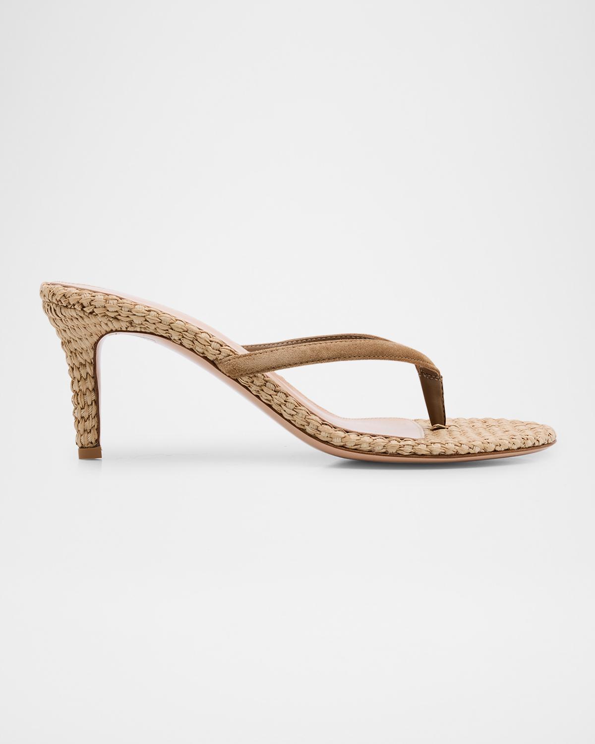 Gianvito Rossi Suede Raffia Heeled Thong Sandals In Brown