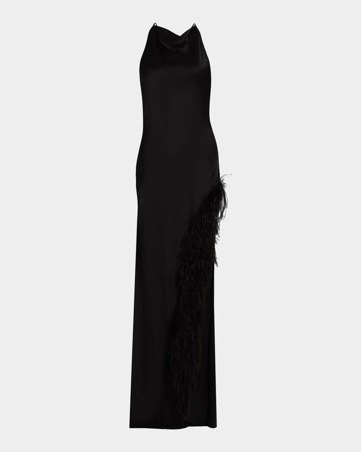 LAPOINTE Cowl Satin Ostrich Feather Gown