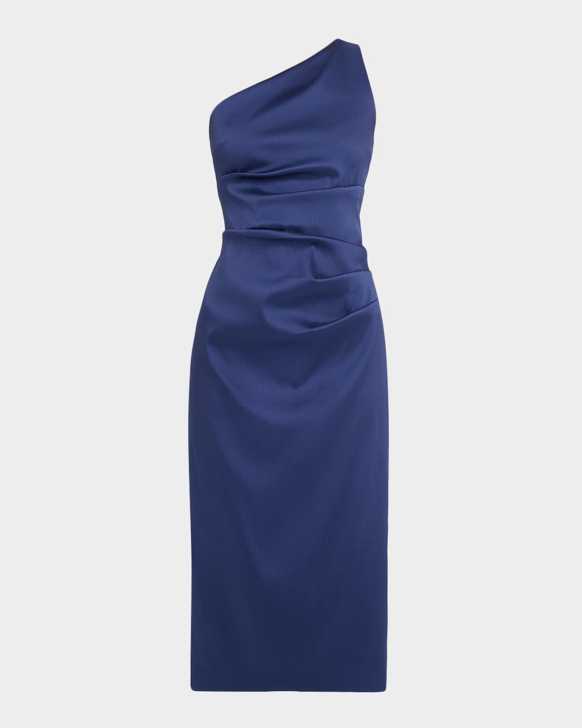 Aidan Mattox One-Shoulder Stretch Mikado Midi Dress