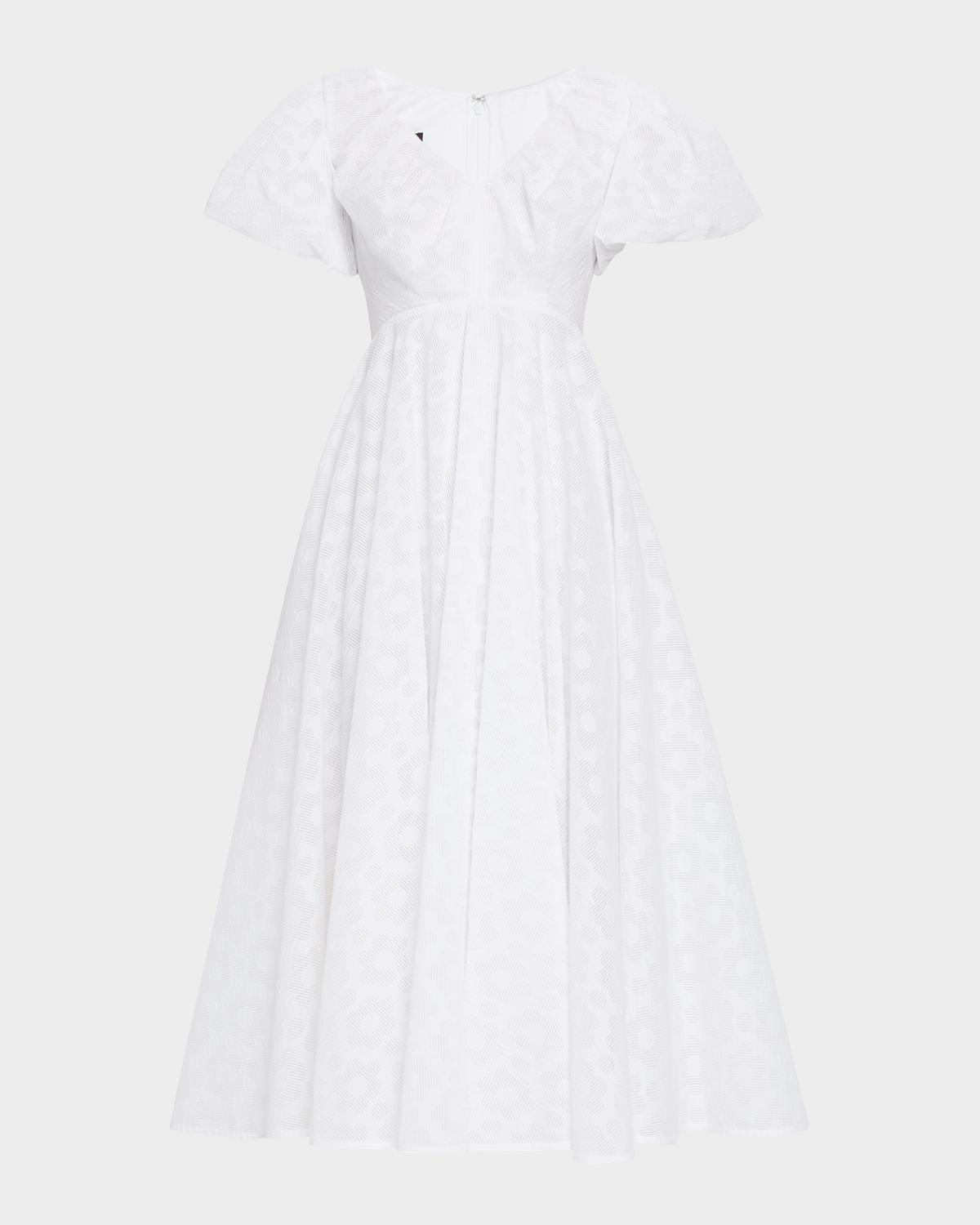 Talbot Runhof Pril Flower Organdi Puff-Sleeve Midi Dress