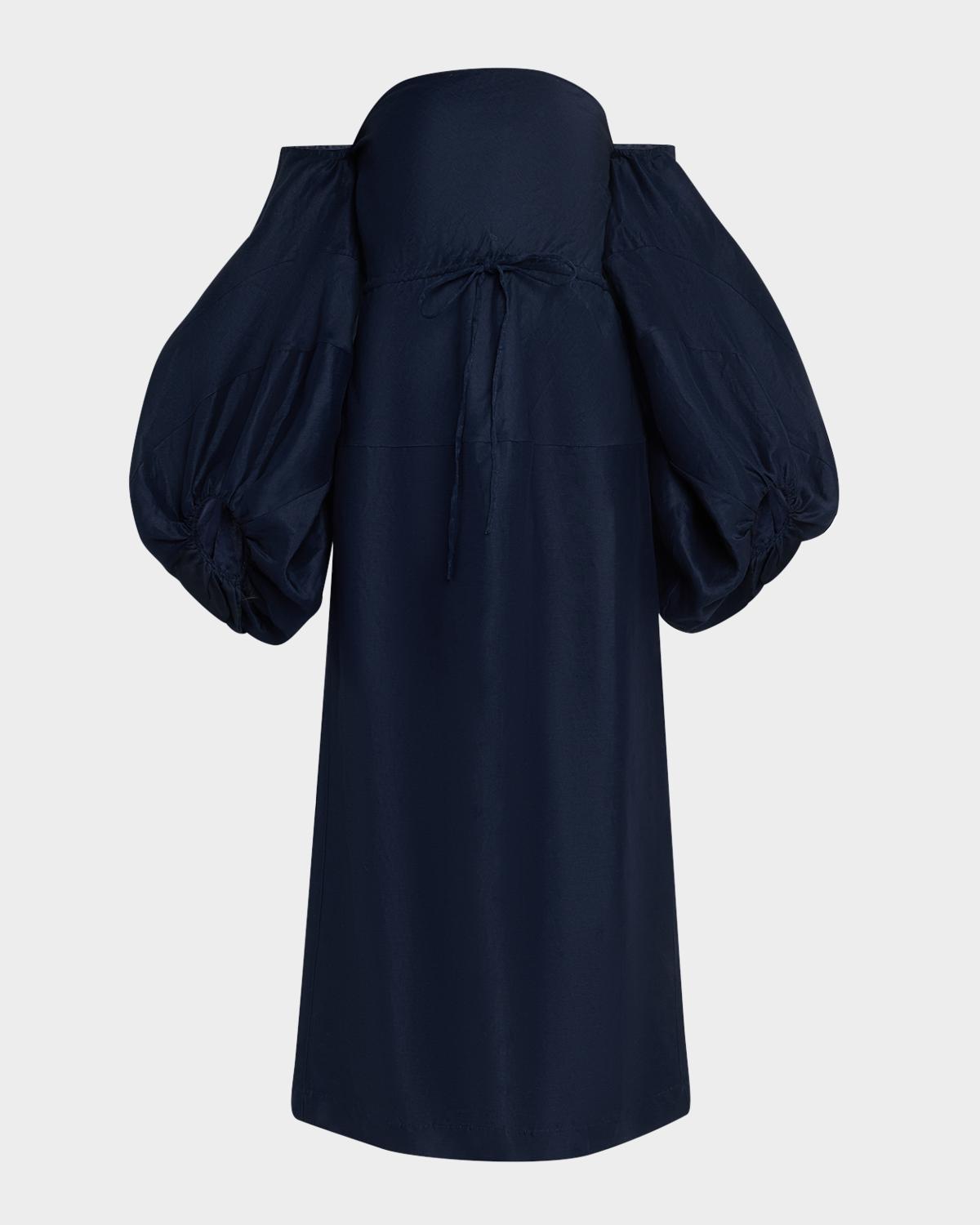Balloon-Sleeve Off-The-Shoulder Linen Midi Dress