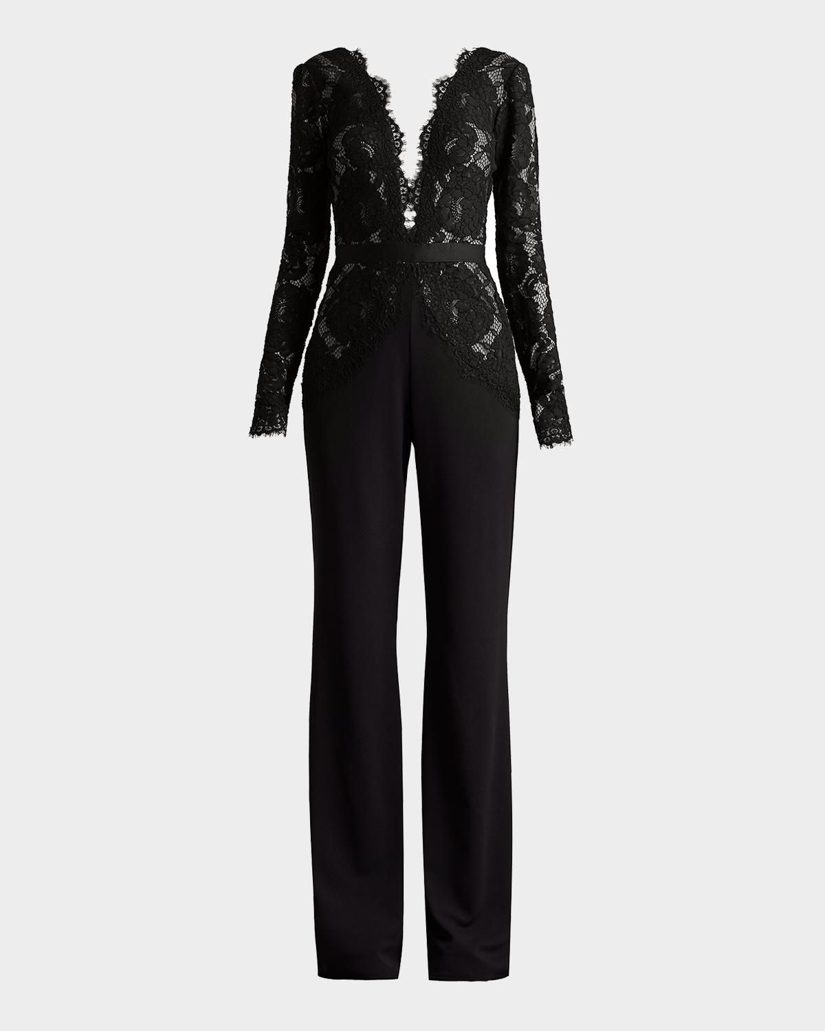 Tadashi Shoji Amaris Plunging Illusion Lace & Crepe Jumpsuit