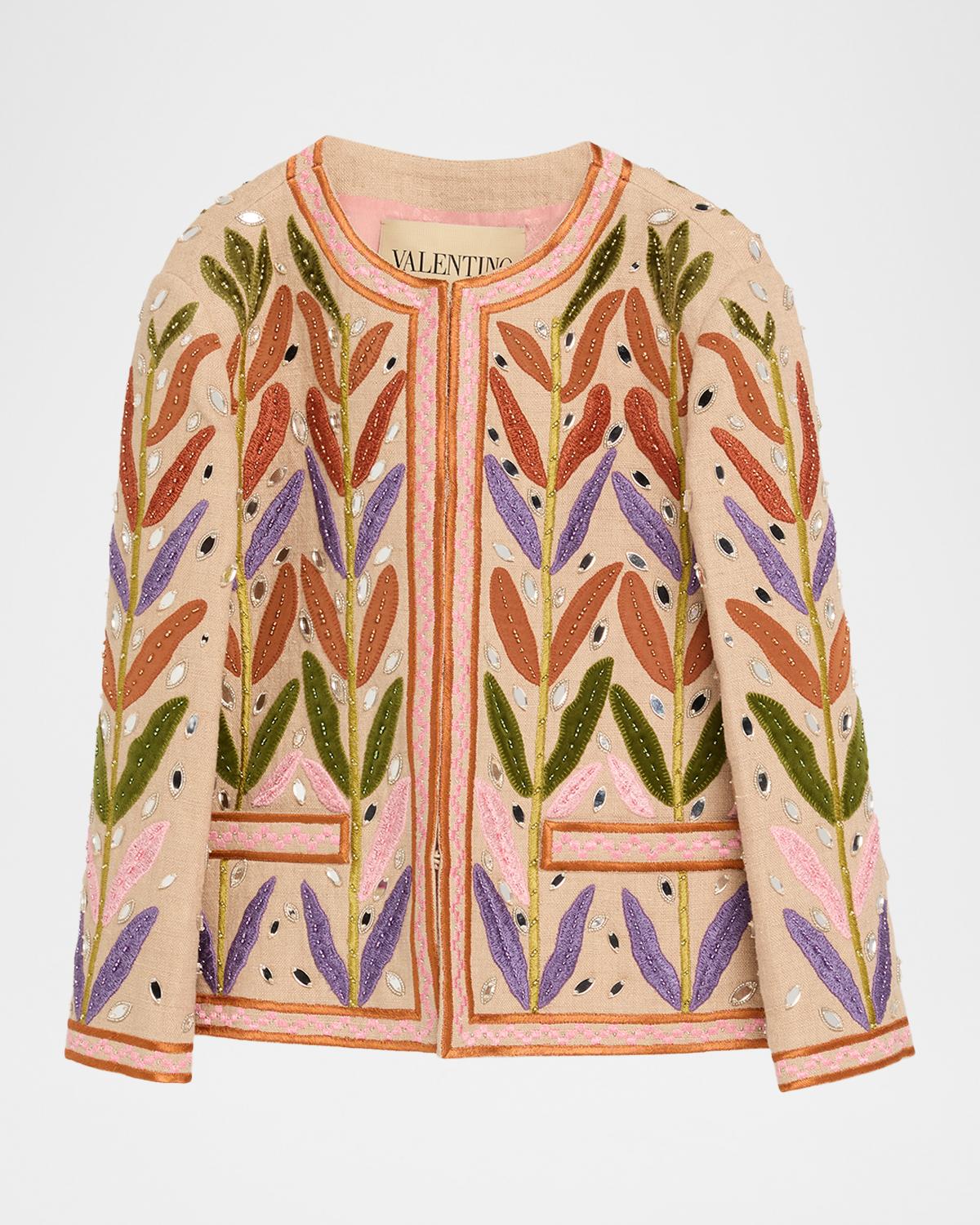 Beaded Leaf-Embroidered Linen Jacket