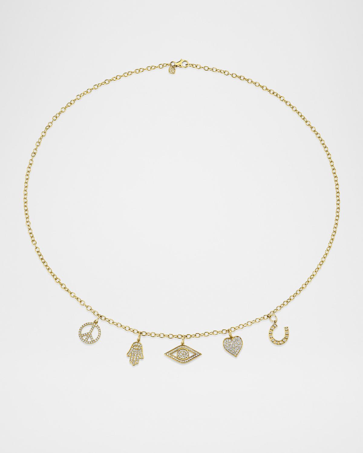 18K Yellow Gold Multi Icon Charm Necklace with Diamonds