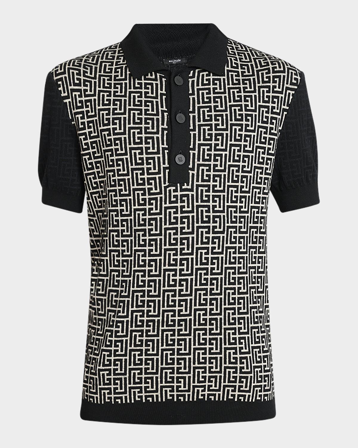 Balmain Men's Cotton Color Block Monogram Knit Polo Shirt