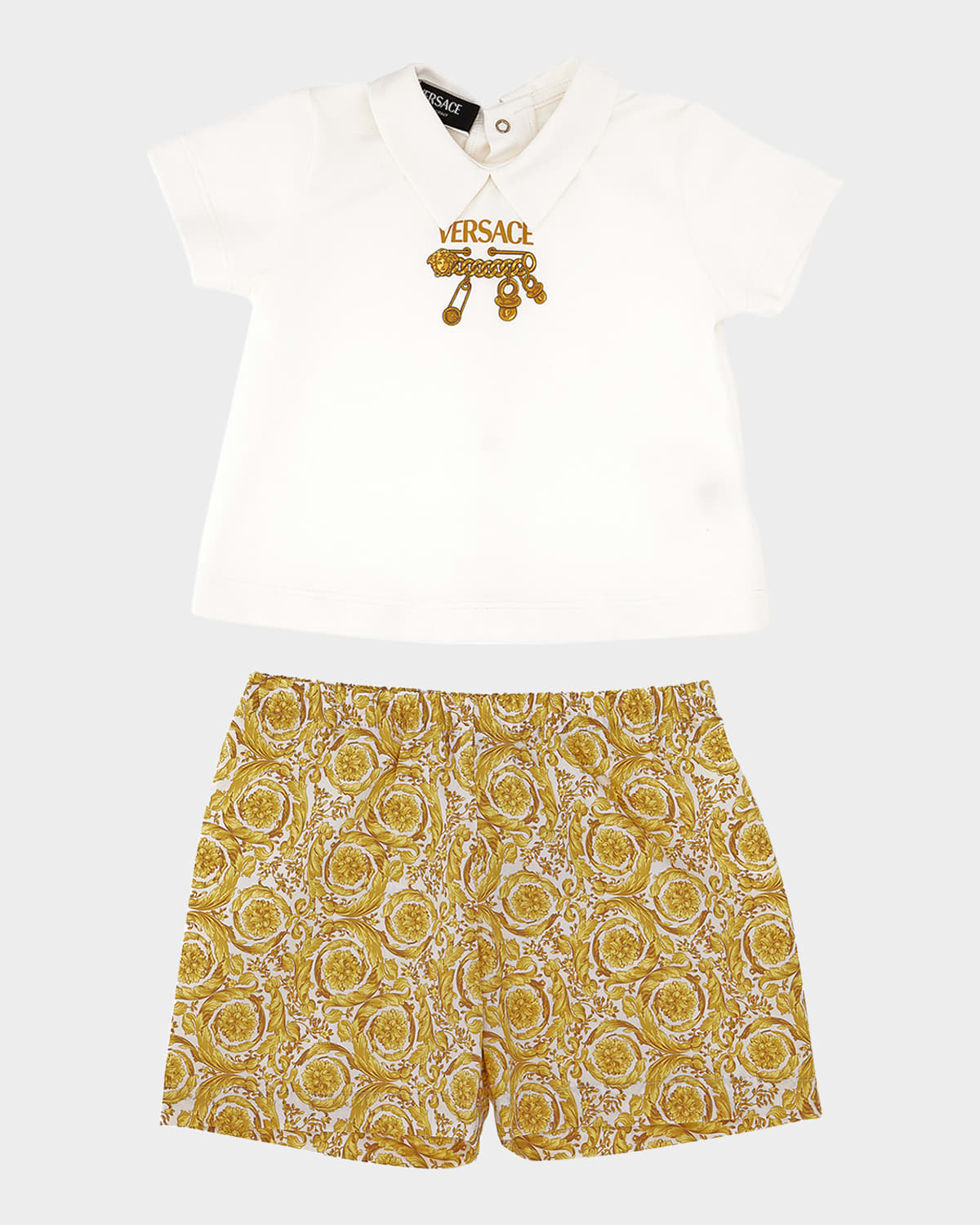 Versace Girl 's Safety Pin Jersey Top & Barocco Poplin Shorts, Size 3M-18M