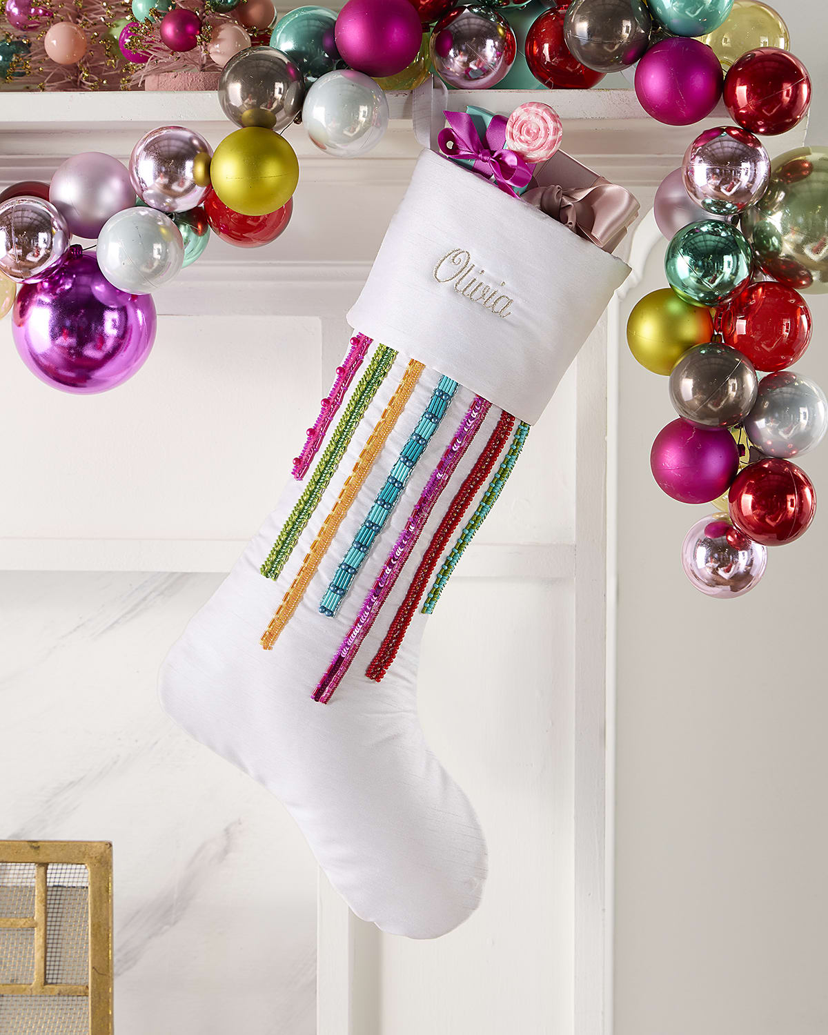 Neiman Marcus Beaded Bright Holiday Christmas Stocking, Personalized