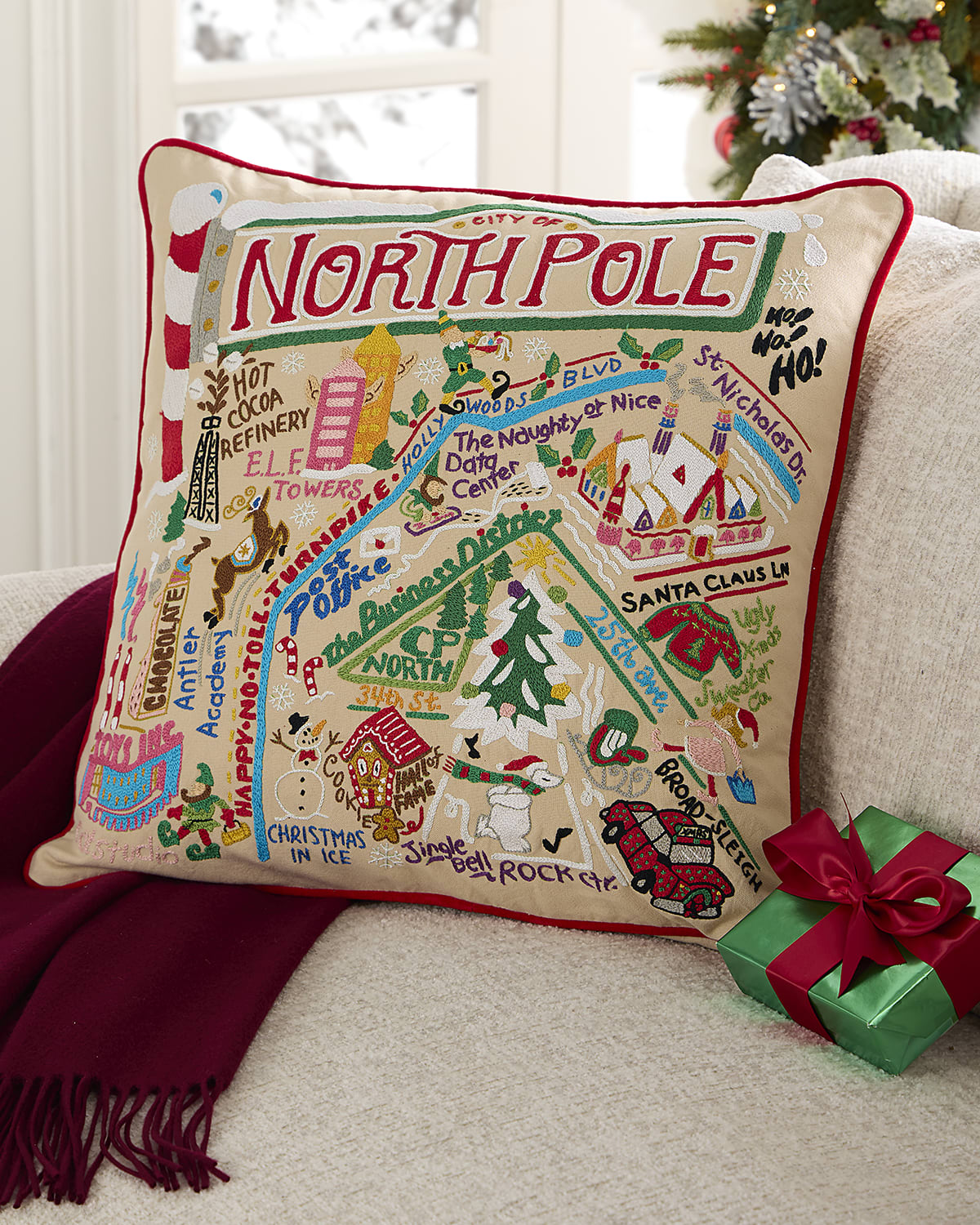 Catstudio North Pole City Hand-Embroidered Pillow, 20" Square