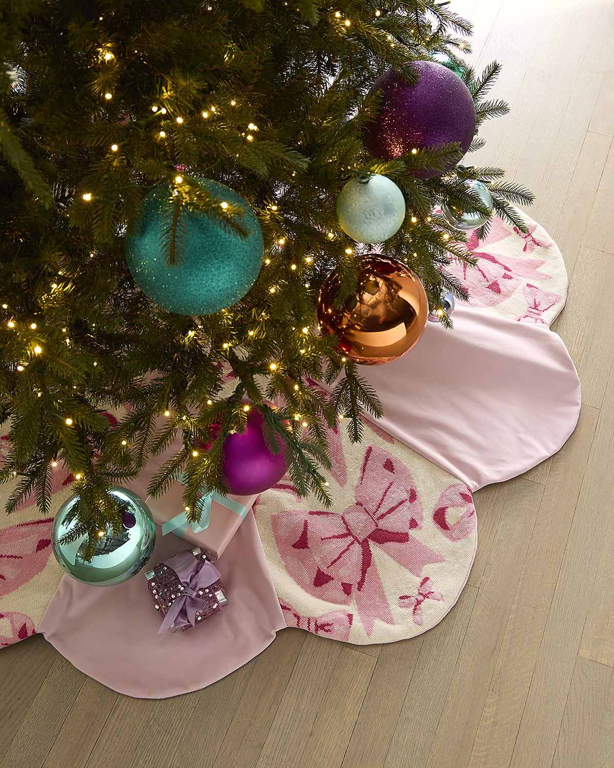 Bauble Stockings x Sainty Nelsen Hand-Stitched Pink Scallop Bow Christmas Tree Skirt, 60"