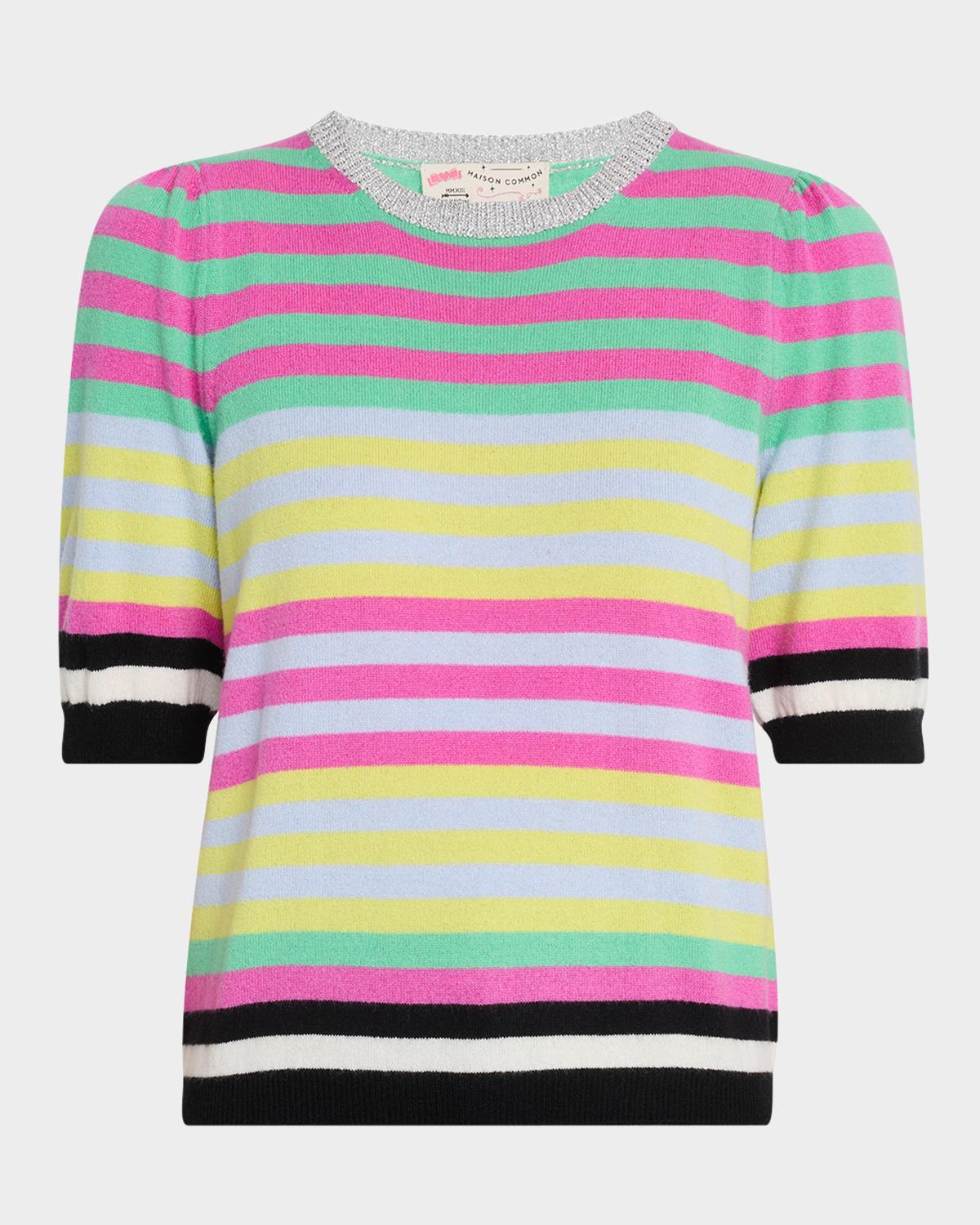 Maison Common Striped Puff-Sleeve Wool-Cashmere Crewneck Sweater