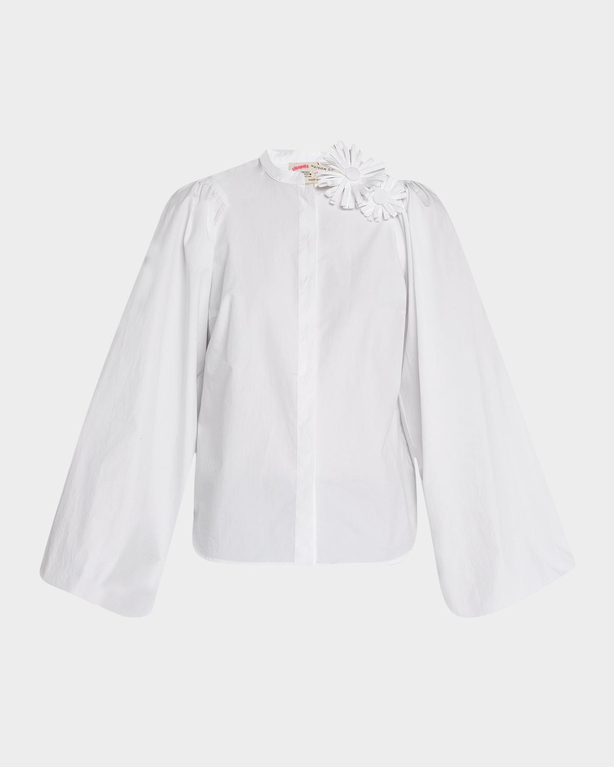 Maison Common Flower Pin Balloon-Sleeve Cotton Blouse