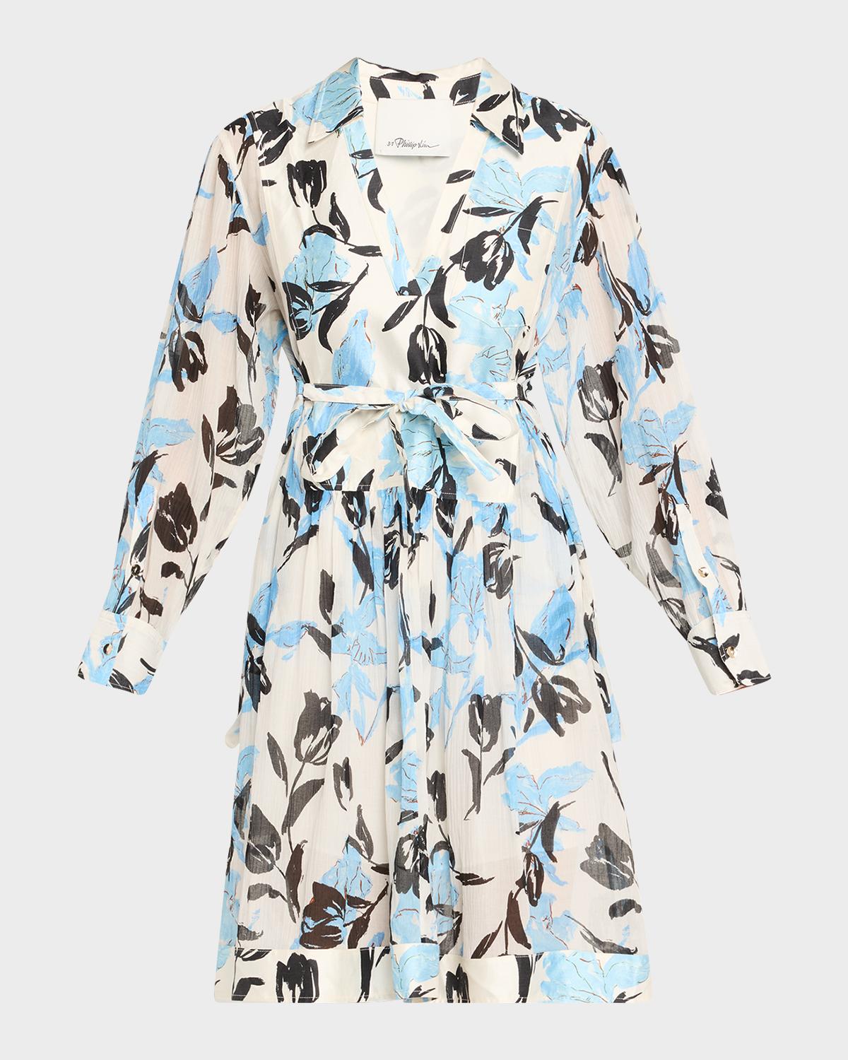 3.1 Phillip Lim Joyful Tulips Long-Sleeve Shirt Dress with Waist Tie