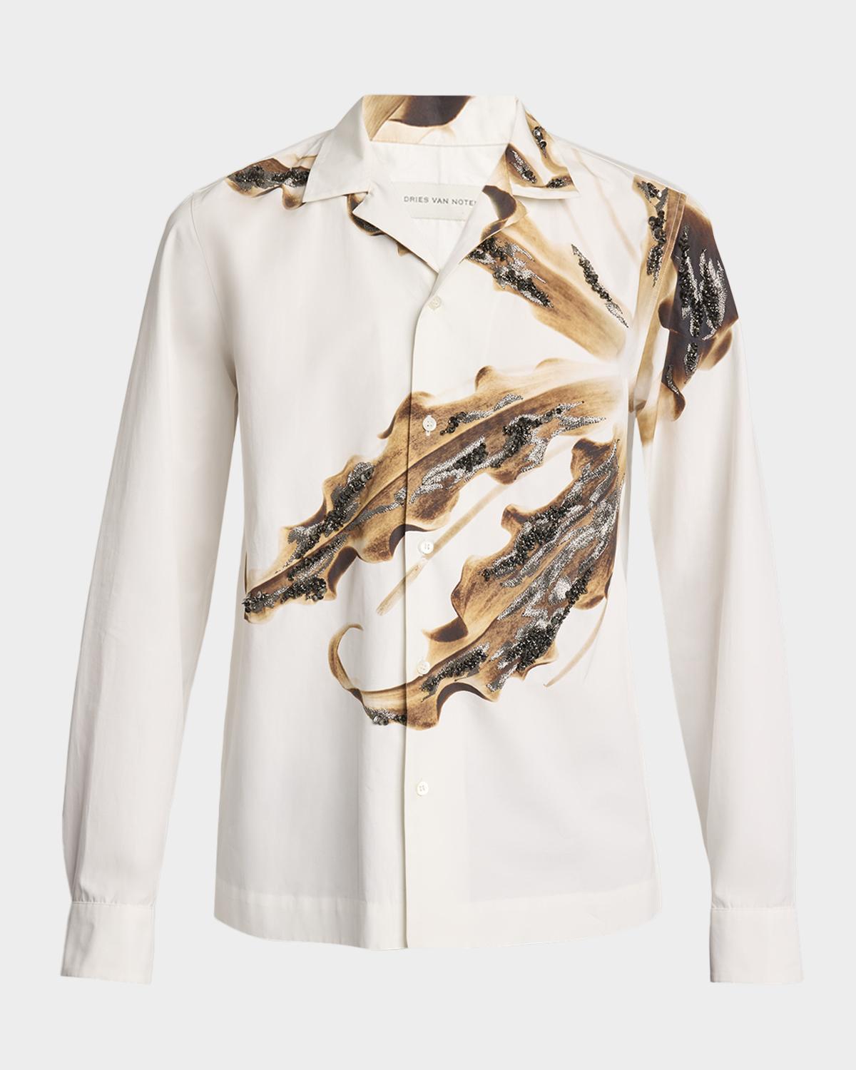 Dries Van Noten Men's Cartly Cotton Maxi-Floral Embellished Dress Shirt