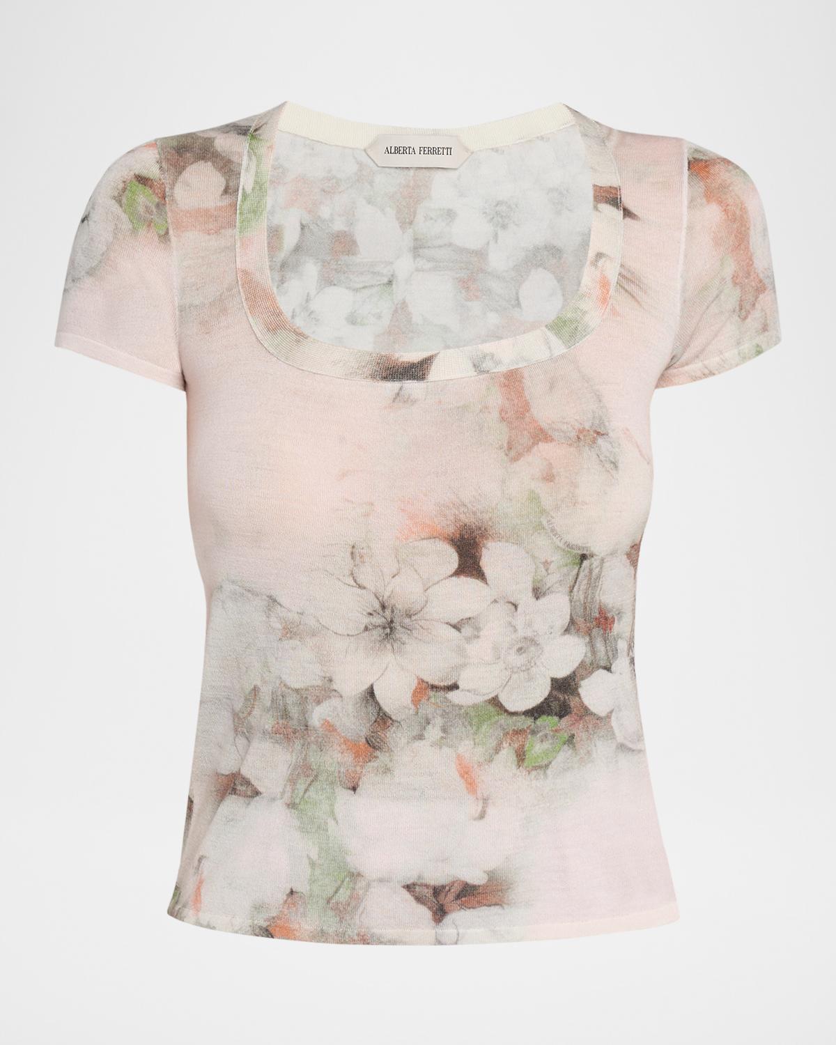 Alberta Ferretti Floral-Print Lightweight Merino Wool Short-Sleeve Sweater