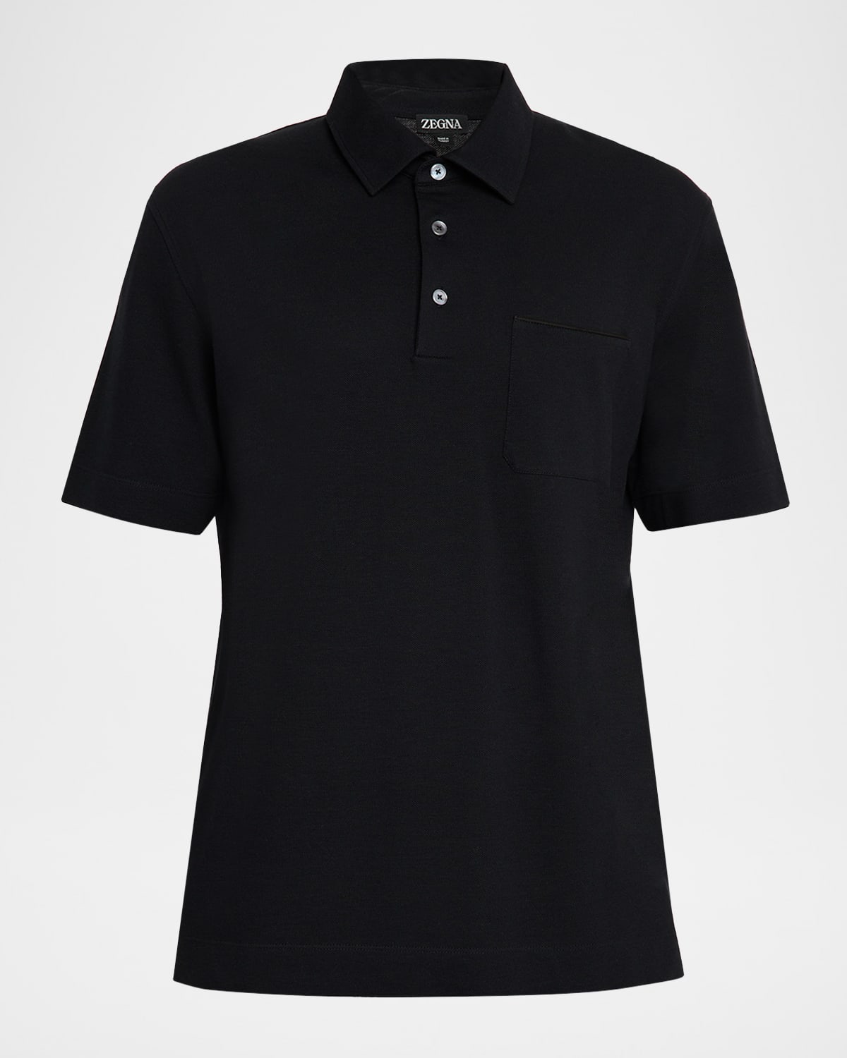 Zegna Men & Apos;s Cotton Polo Shirt With Leather-trim Pocket In Black