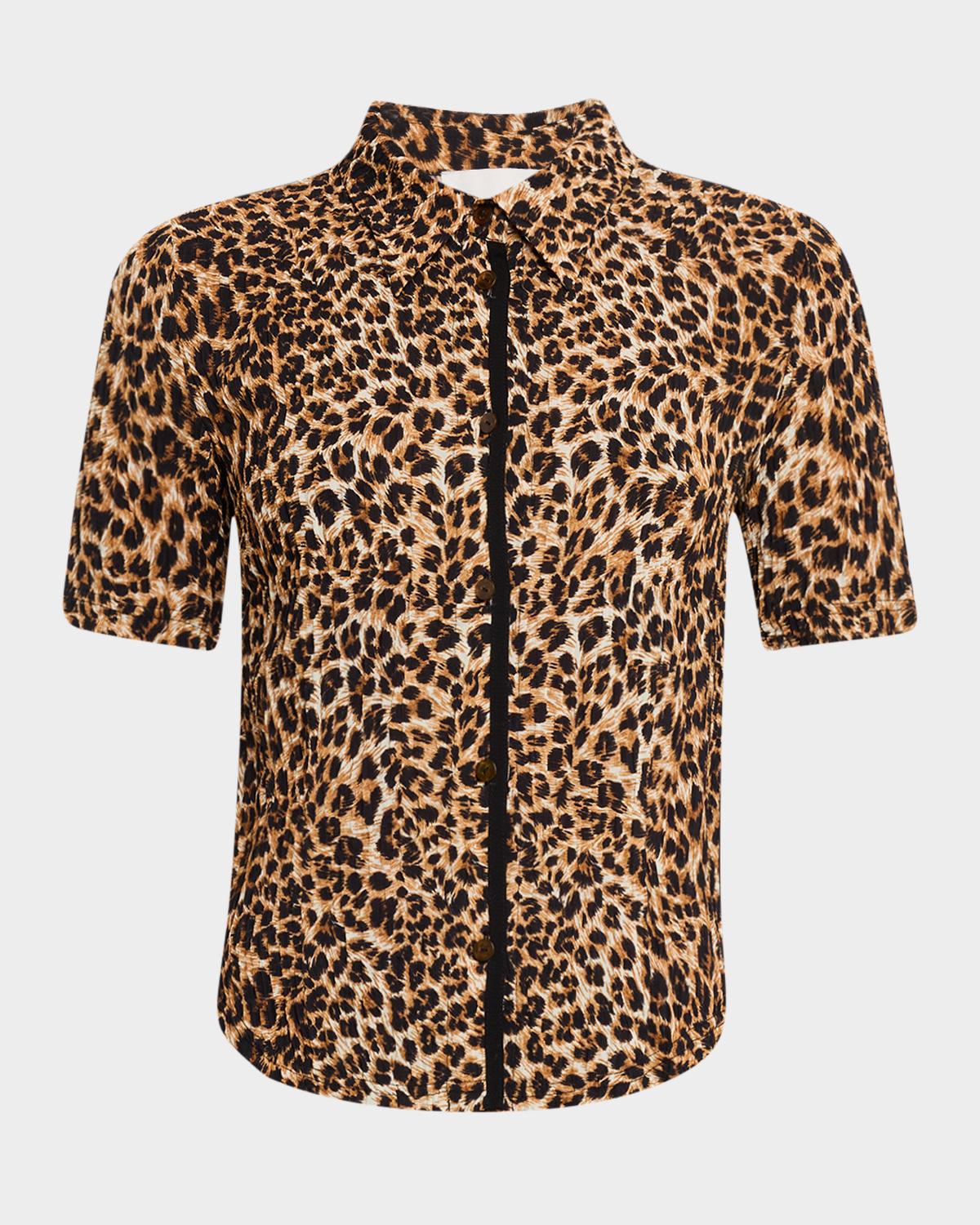Nanushka Clare Short-Sleeve Ocelot-Print Blouse