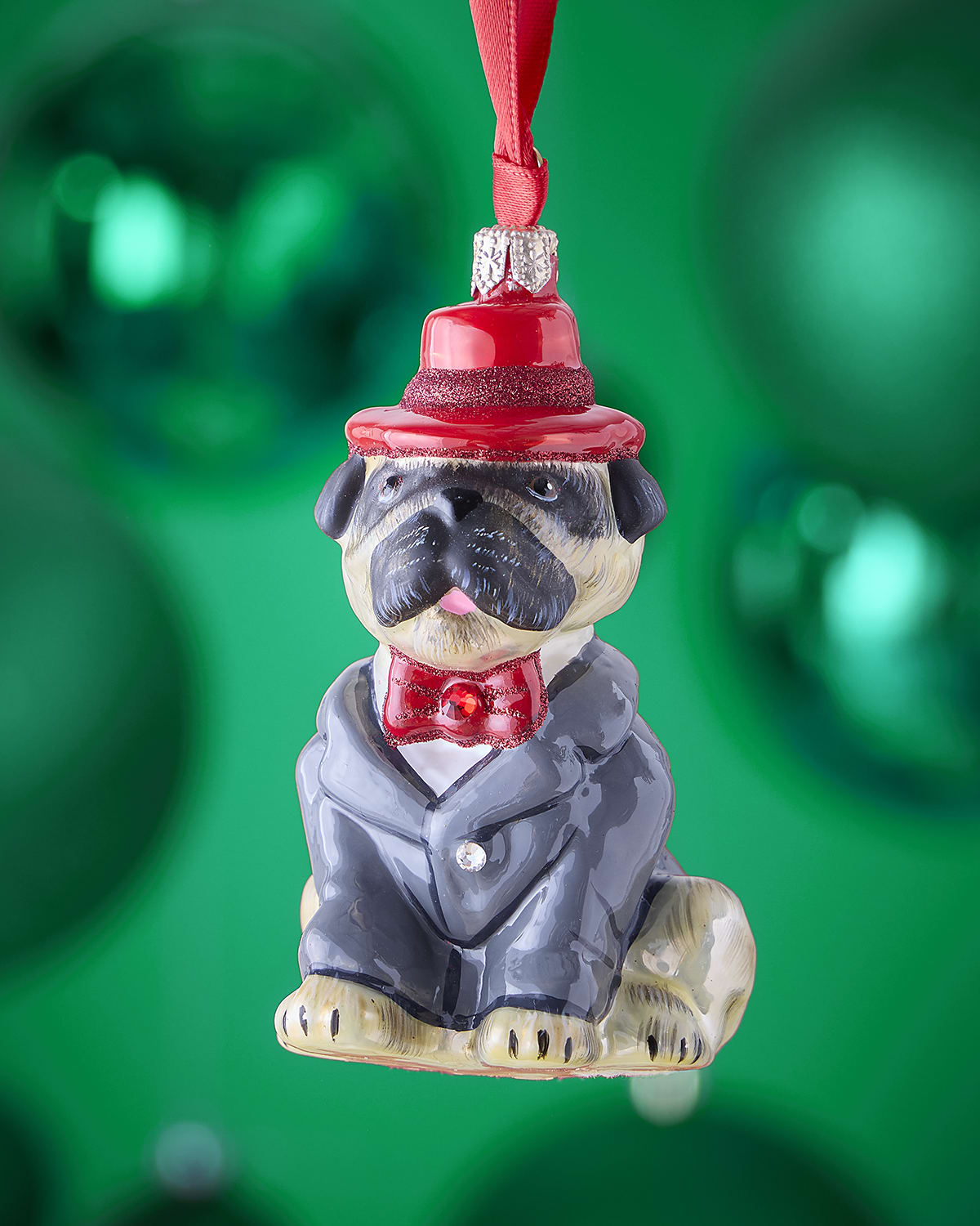 Joy To The World Collectibles Pug Fawn in Red Fedora and Gray Suit Christmas Ornament