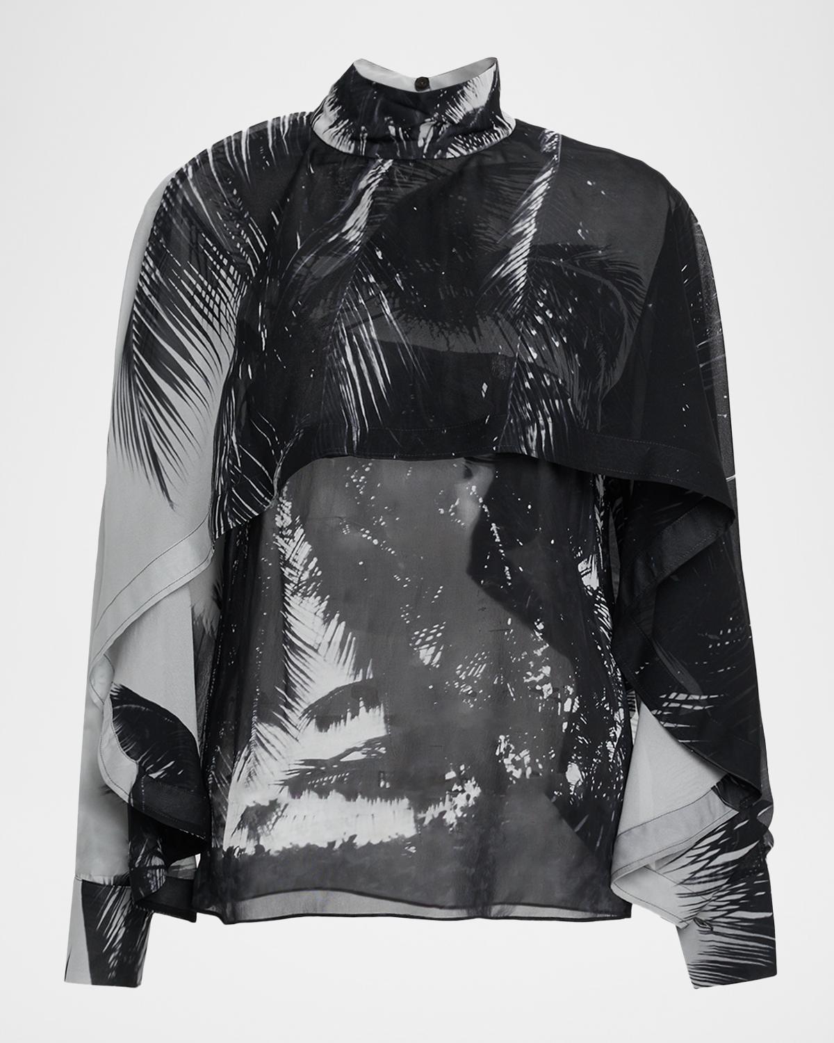 FERRAGAMO Palm-Print Silk Chiffon Cape Blouse