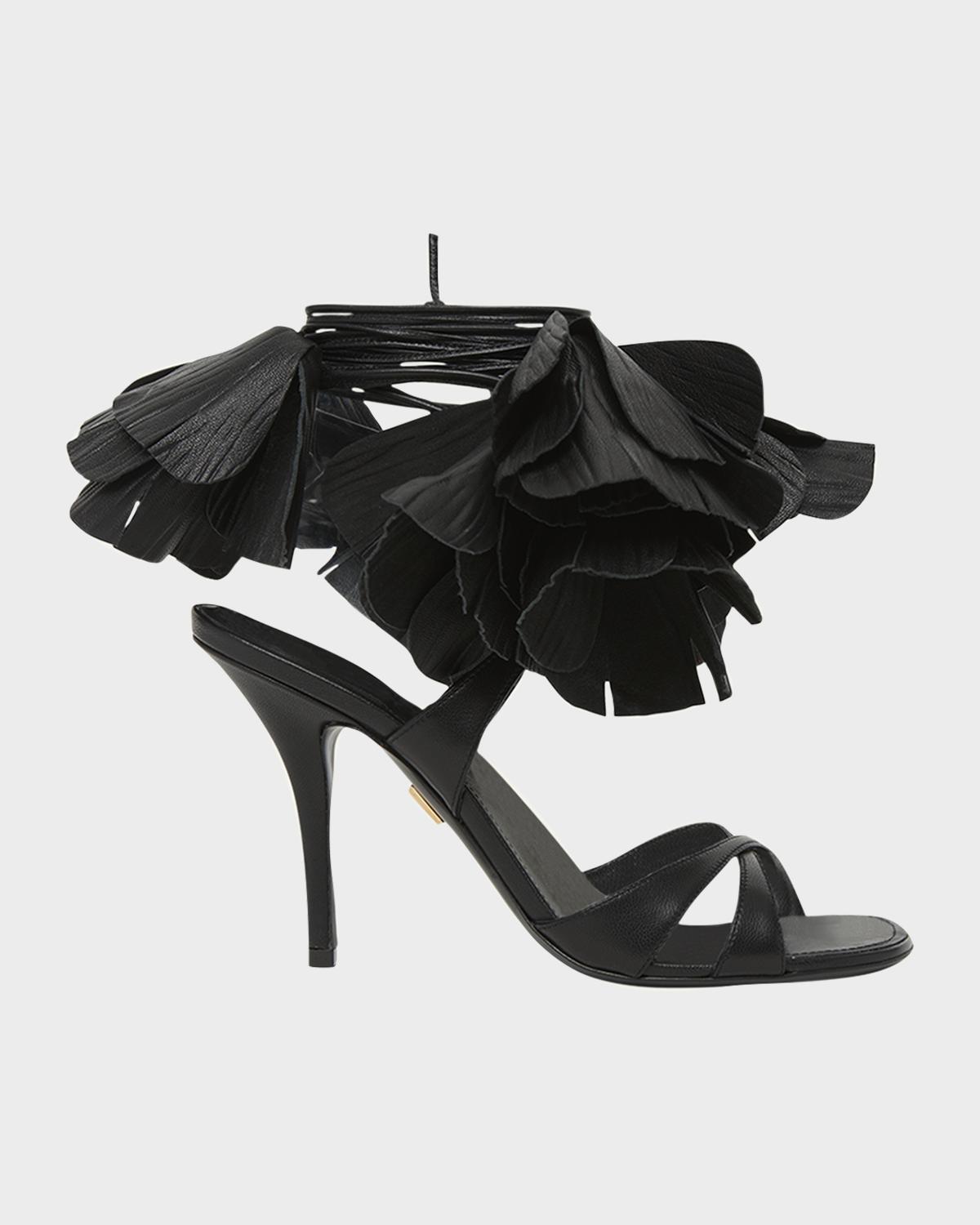 FERRAGAMO Estrella Leather Flower Ankle-Tie Sandals