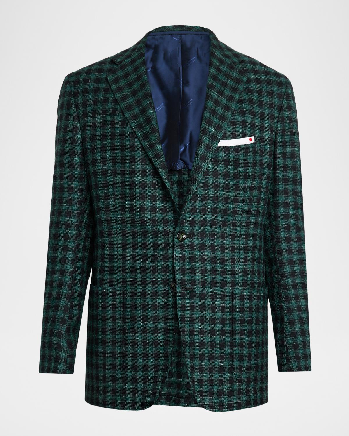 Kiton Men's Cashmere-Wool Green and Blue Check Sport Coat