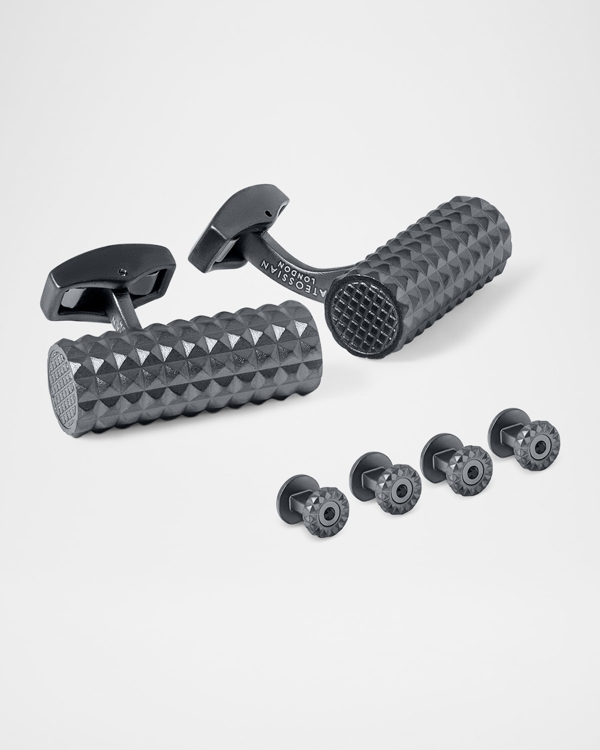 Tateossian Men 's Gunmetal Diamond Giza Cylinder Cufflink and Stud Set