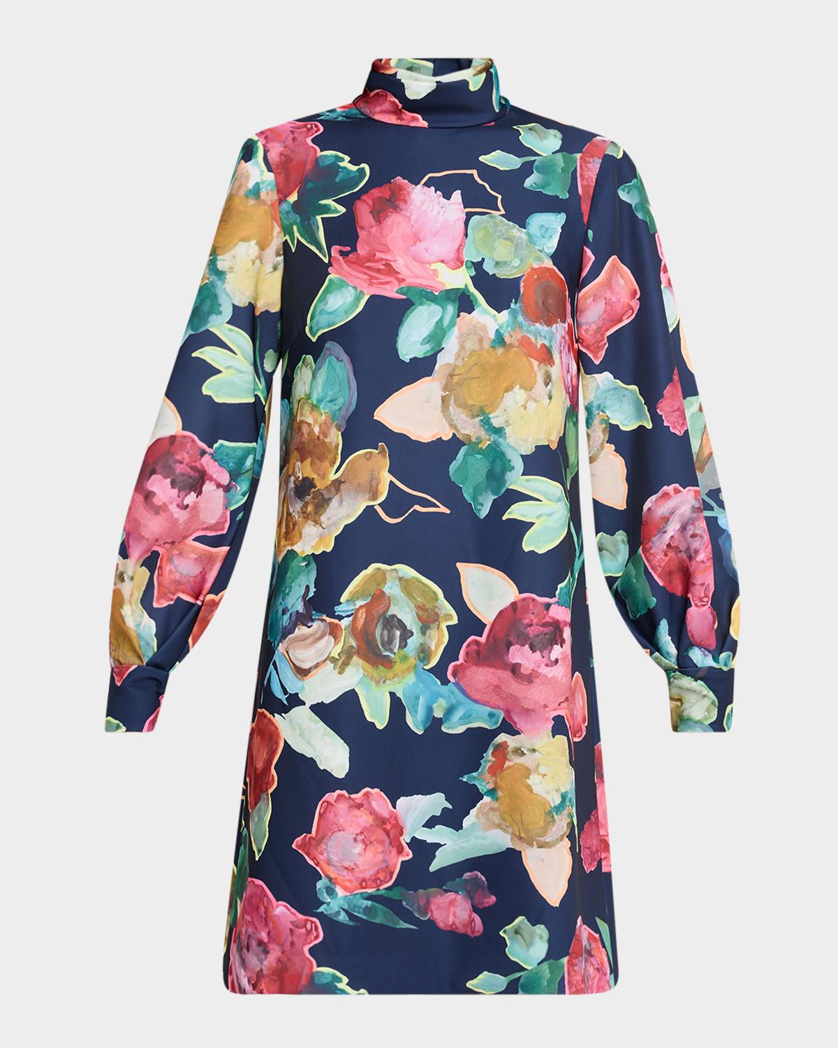 Lela Rose Elizabeth Floral Crepe Long-Sleeve Shift Dress
