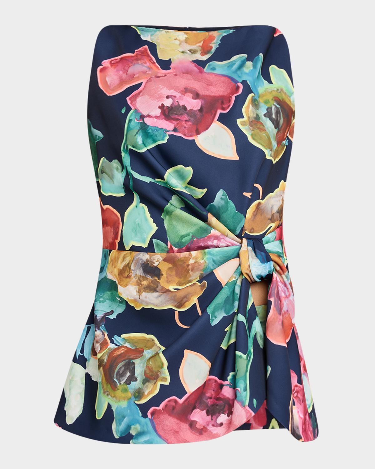 Lela Rose High-Neck Ruched Printed Crepe Top