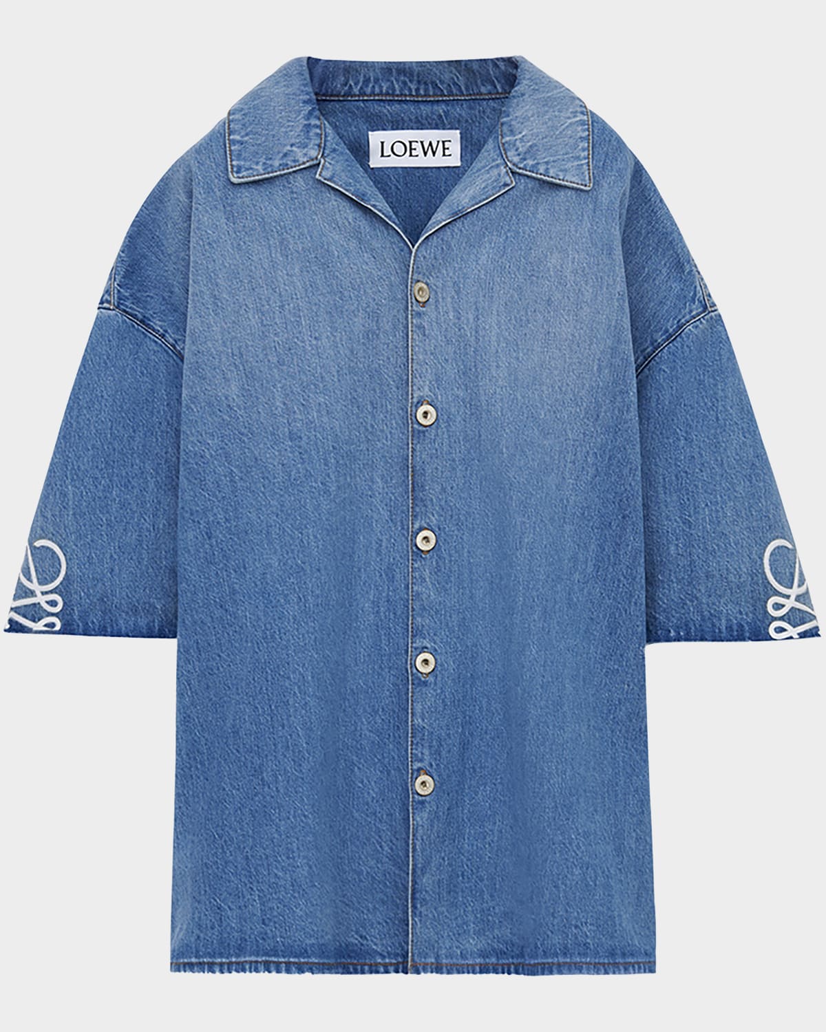 Loewe Men 's Washed Denim Anagram-Sleeve Camp Shirt | Thumbnail 4 Loewe Men 's Washed Denim Anagram-Sleeve Camp Shirt | Thumbnail 4