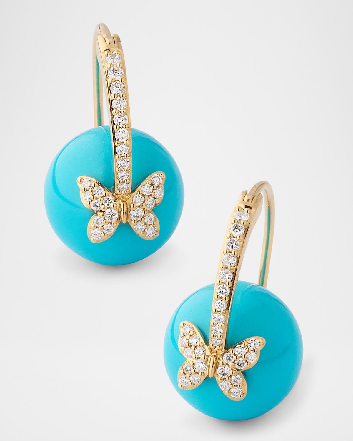 14K Yellow Gold Diamond Pave Butterfly Turquoise Bead Earrings, 12mm