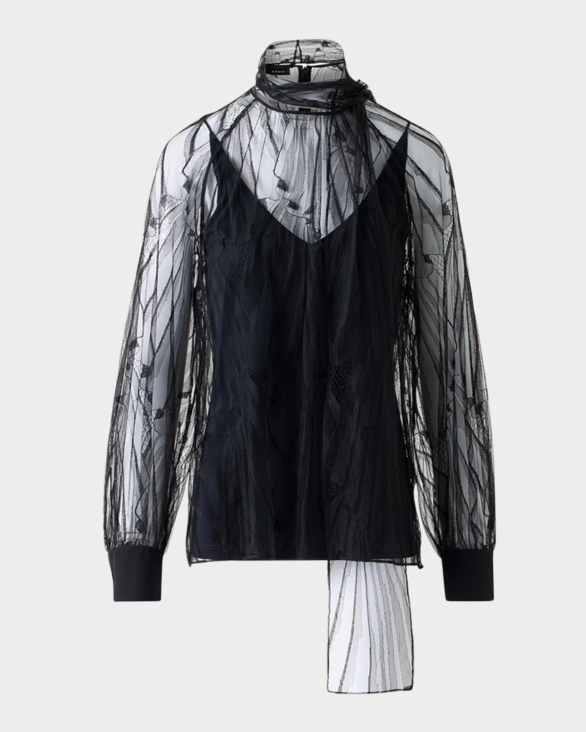 Akris Long-Sleeve Flounce Lace Scarf Blouse