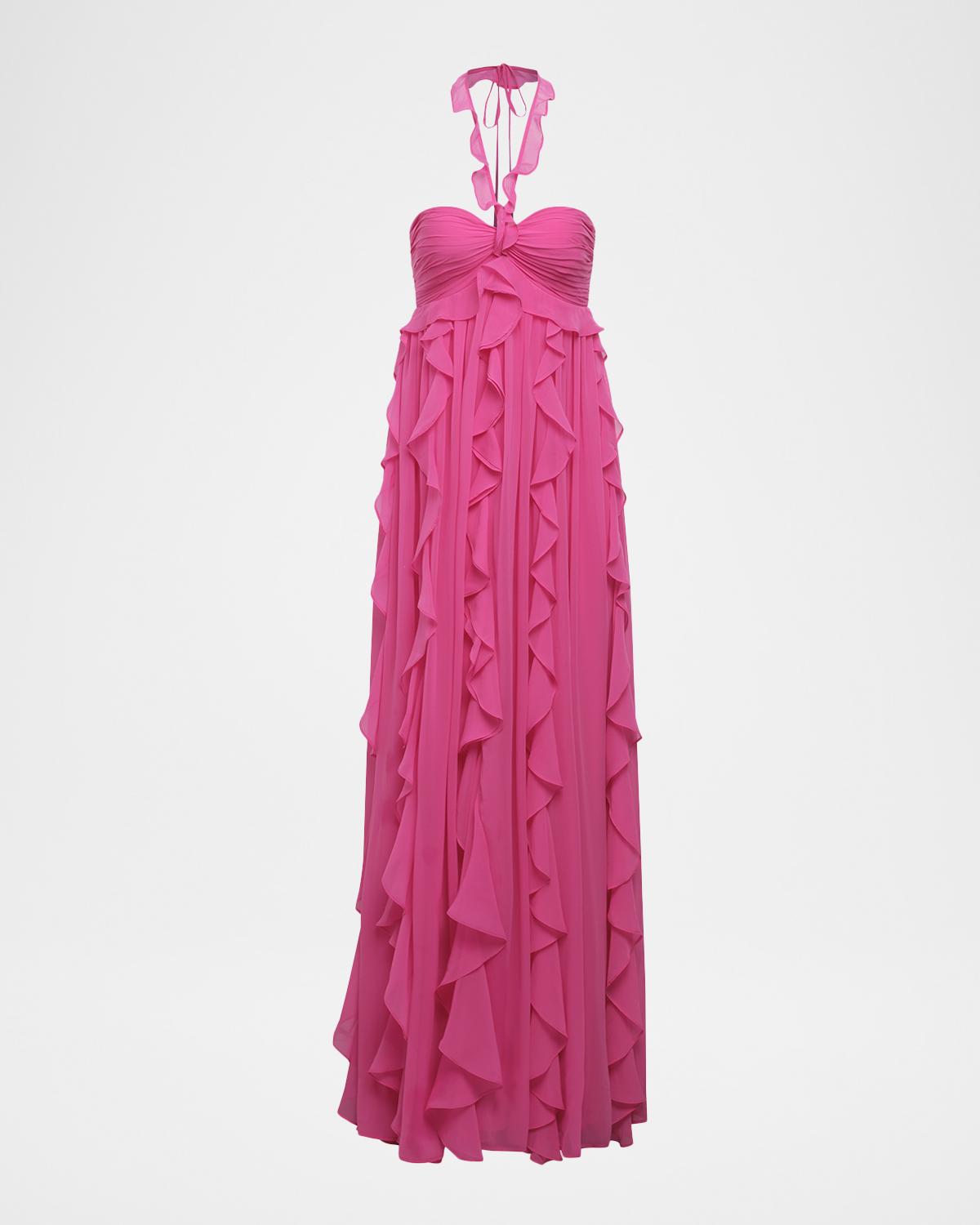 BCBGMAXAZRIA Ruffle Chiffon Halter Gown