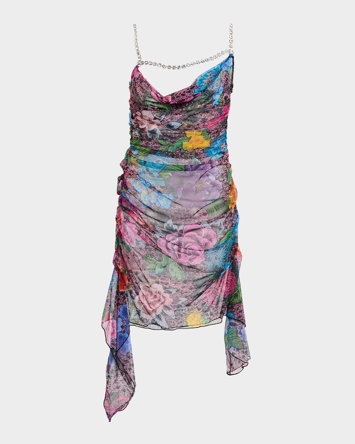 AREA Crystal Strappy Ruched Tulle Mini Dress