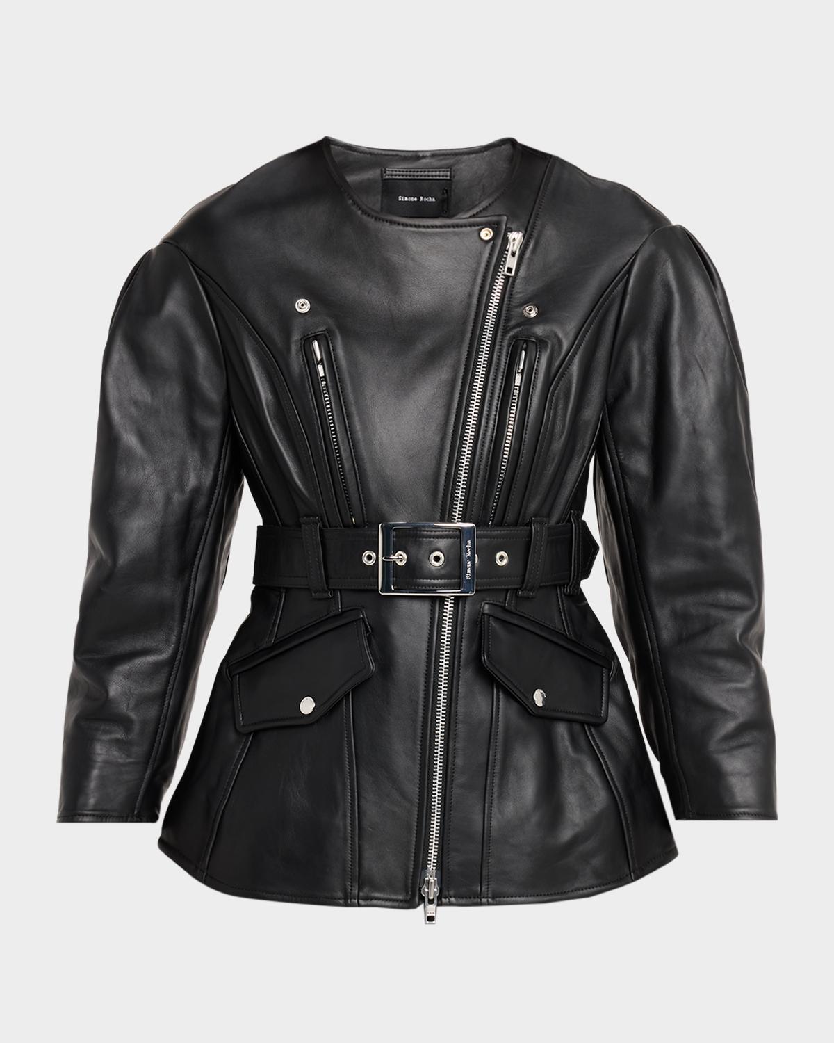 Simone Rocha Sculpted Belt Leather Moto Jacket