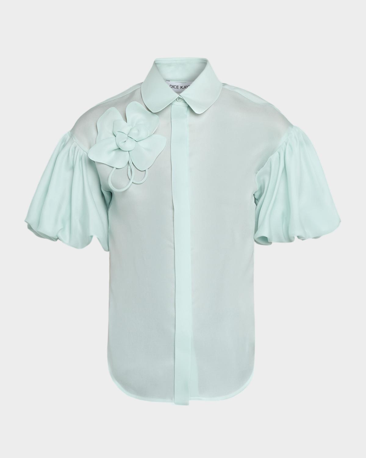 Dice Kayek Flower Applique Silk Puff-Sleeve Shirt